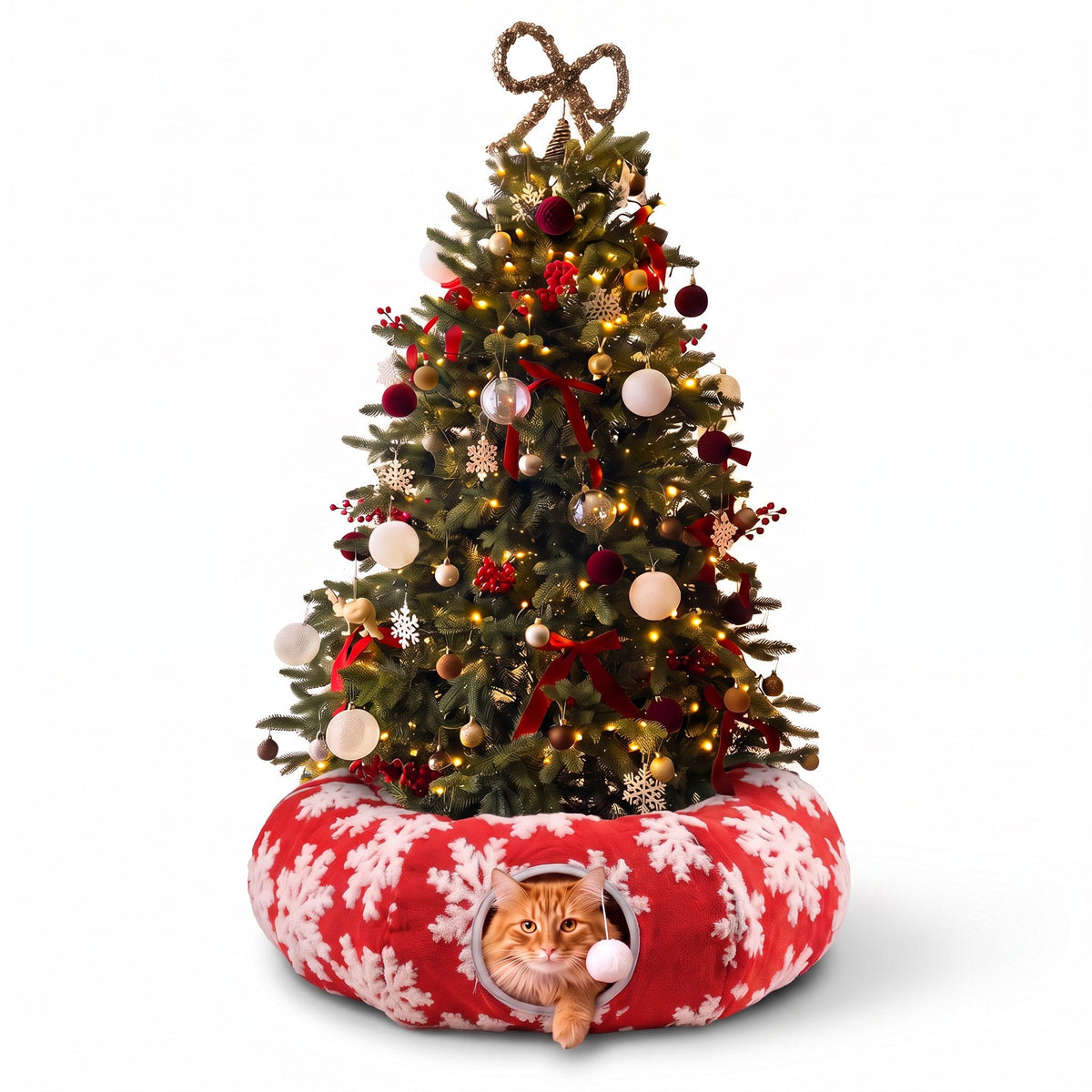 TinselPurr Christmas Cat Tunnel Bed - Red