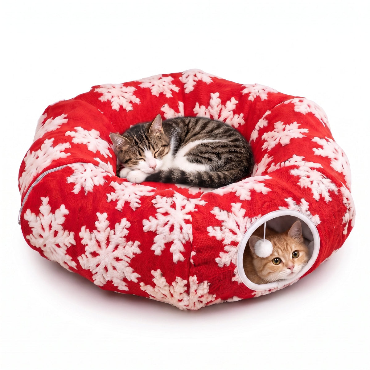 TinselPurr Christmas Cat Tunnel Bed - Red