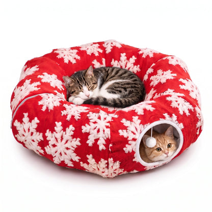 TinselPurr Christmas Cat Tunnel Bed - Red