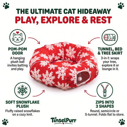 TinselPurr Christmas Cat Tunnel Bed - Red