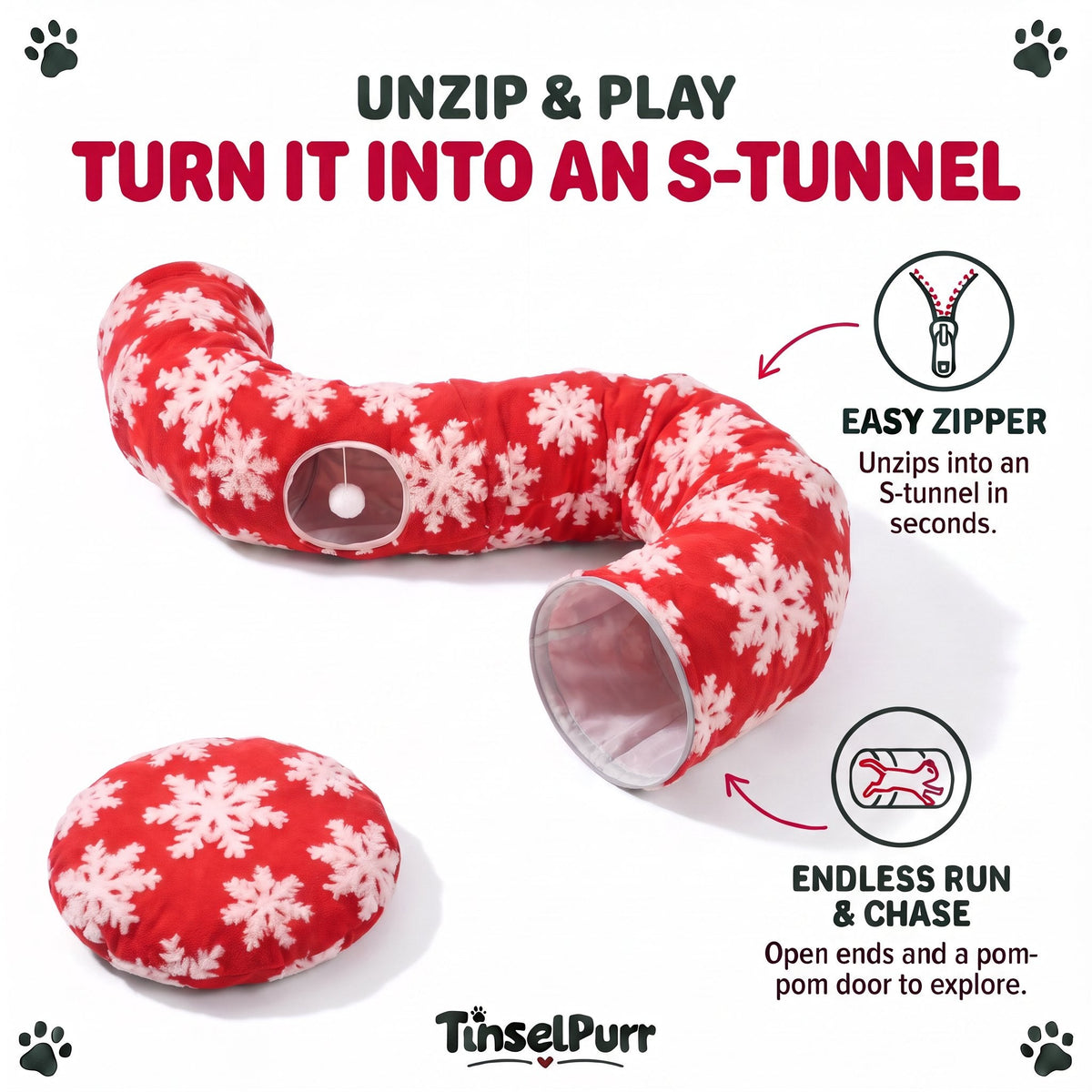 TinselPurr Christmas Cat Tunnel Bed - Red
