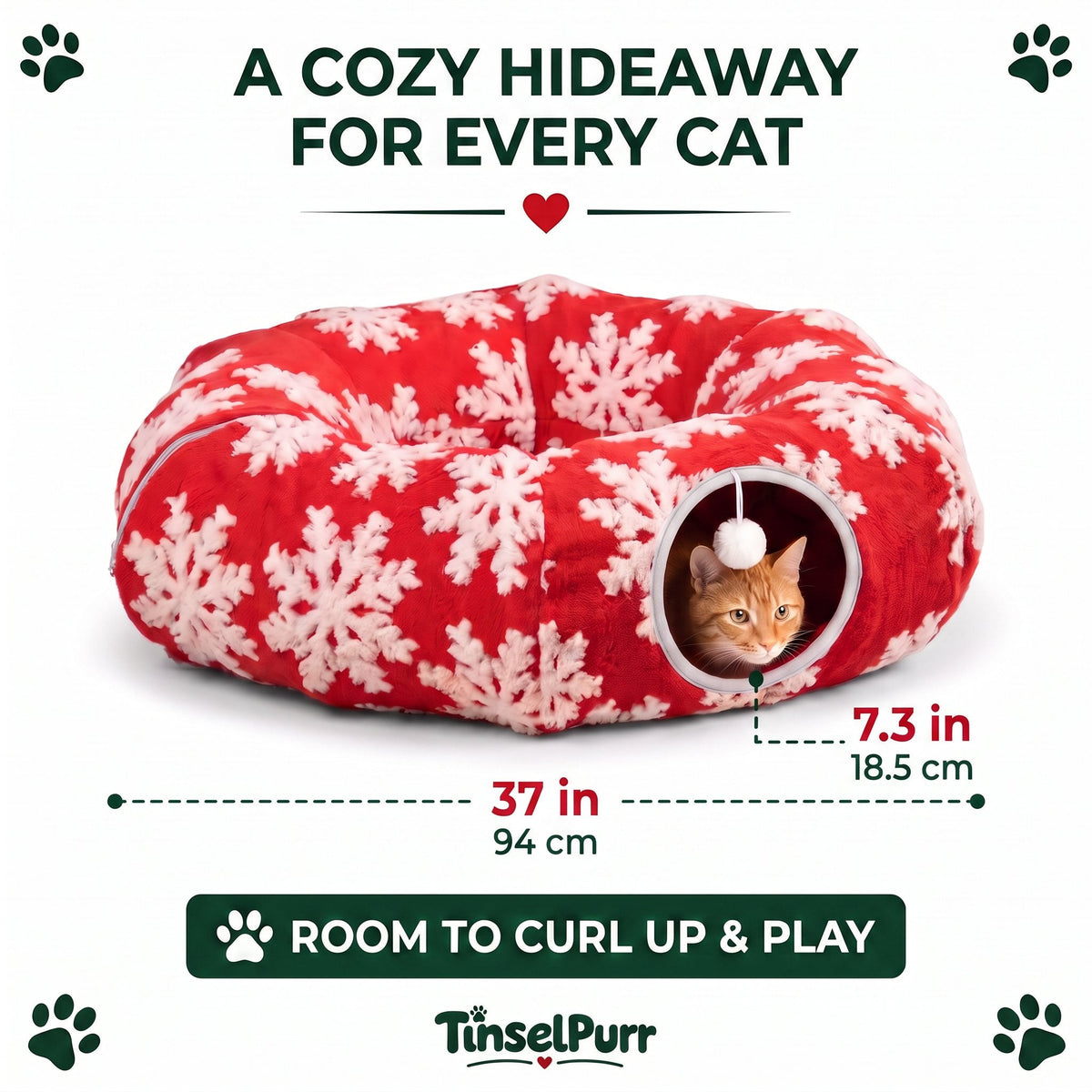 TinselPurr Christmas Cat Tunnel Bed - Red