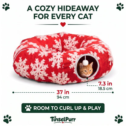 TinselPurr Christmas Cat Tunnel Bed - Red